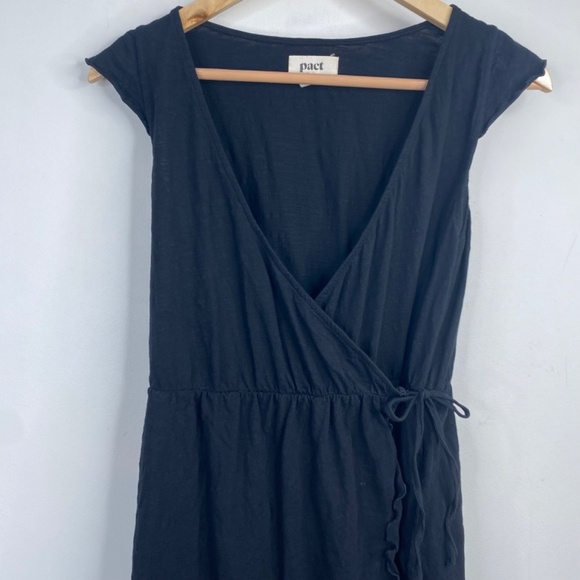 PACT Easy Wrap Dress S Organic Cotton Black Ruffle Beach Minimalist Lightweight - Picture 4 of 12
